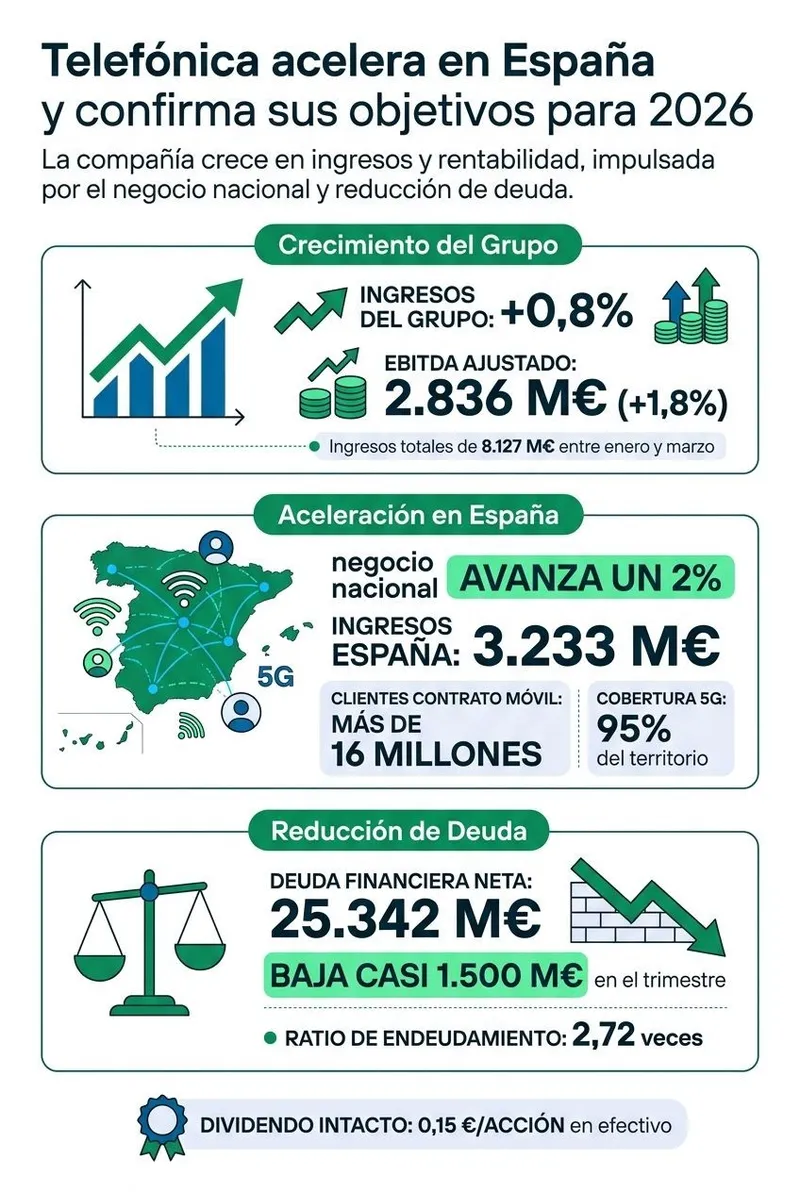 Telefónica acelera en España: 16 millones de clientes móviles y bajas en mínimos históricos