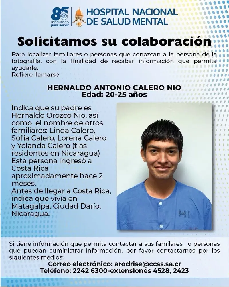 Hospital de Costa Rica busca a familiar de joven nicaragüense oriundo de Ciudad Darío