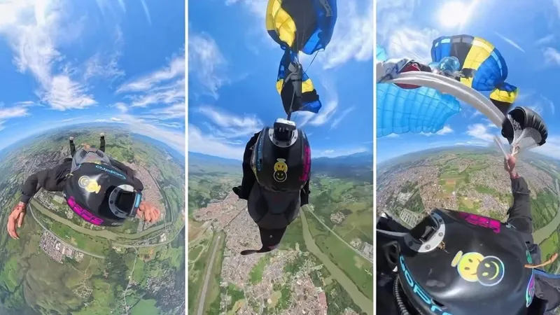 Paracaidista lucha en el aire para liberar su equipo enredado en el cuello