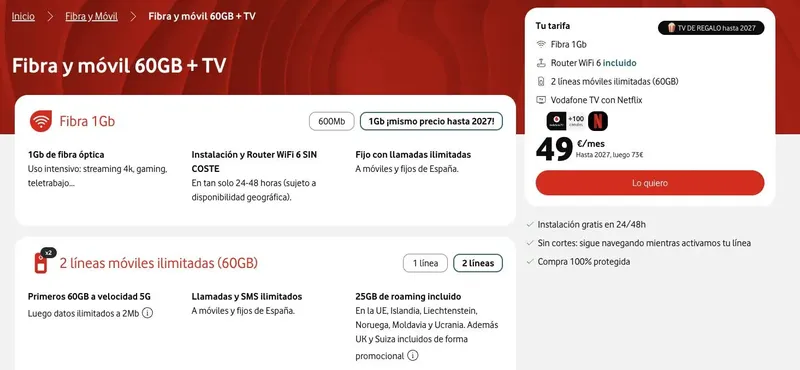 Vodafone regala 1 Gb de fibra durante tres meses a clientes que contraten esta tarifa