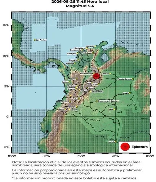 Fuerte sismo de magnitud 5,4 sacude a Colombia