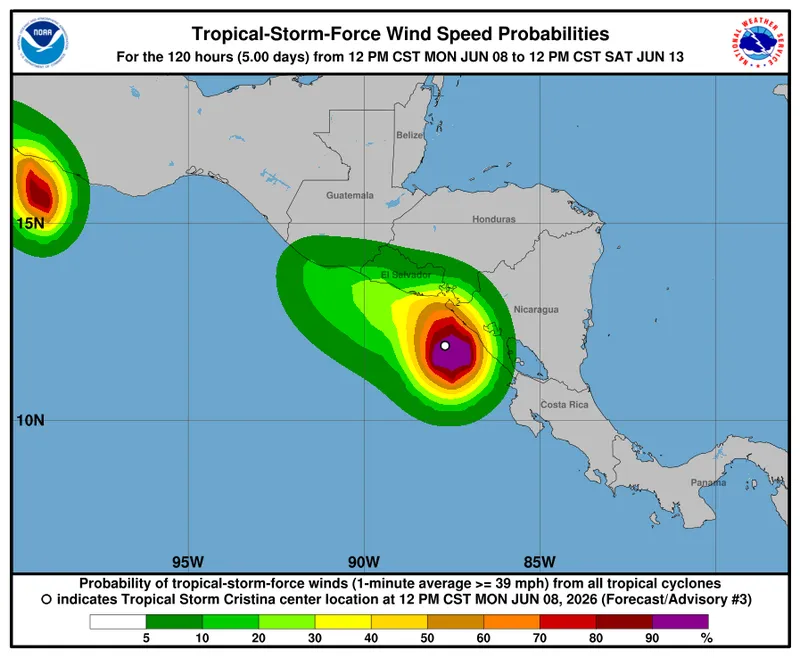 Cristina se acerca a Nicaragua y El Salvador con vientos de 75 km/h y lluvias torrenciales