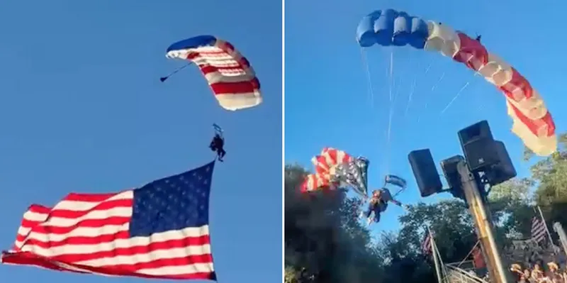 Impactante aterrizaje: paracaidista cae tras enredarse su bandera de EE.UU. en Folsom (VIDEO)