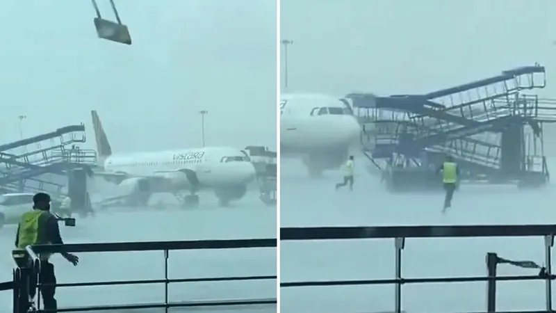 Caos en la pista: el viento desata una ‘avalancha’ de escaleras contra aviones