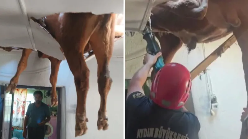¿Cómo llegó allí?: Un toro se cae de un tejado y queda colgando en la sala de una casa (VIDEO)