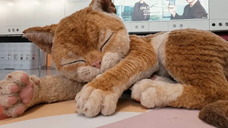 Hong Kong tiene un gato gigante de ocho metros en su aeropuerto y los pasajeros pueden jugar con él