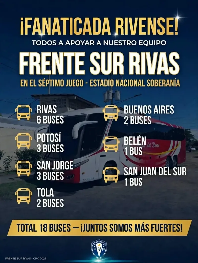 18 buses disponibles para los fanáticos que viajaran de Rivas a Managua para la final