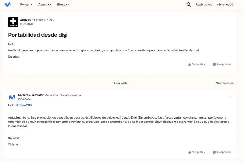 Movistar responde a un cliente que quiere portar desde Digi: “Actualmente no hay promociones específicas para portabilidades de solo móvil”