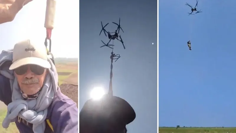 Agricultor se ata a sí mismo a un dron para llegar más rápido a sus cultivos (VIDEO)