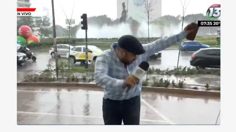Quiso alertar sobre la lluvia y terminó en accidente en vivo