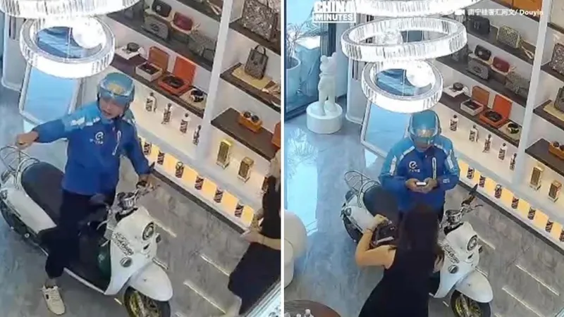 Repartidor entra en moto a tienda de lujo y compra un Chanel