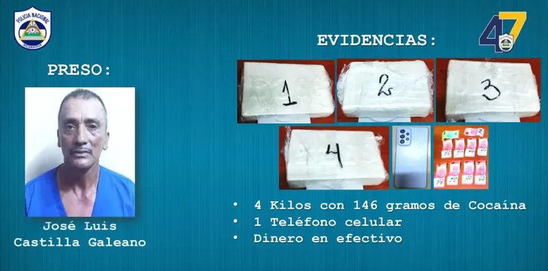 Capturan a José Luis Castilla con 4 kilos de cocaína en Matagalpa