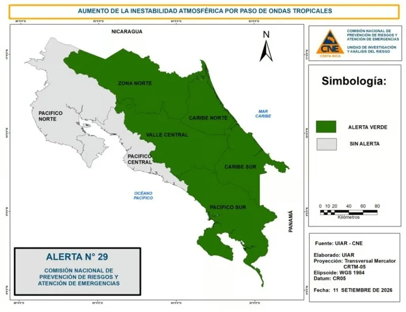 Declaran alerta verde en cinco regiones en Costa Rica por lluvias